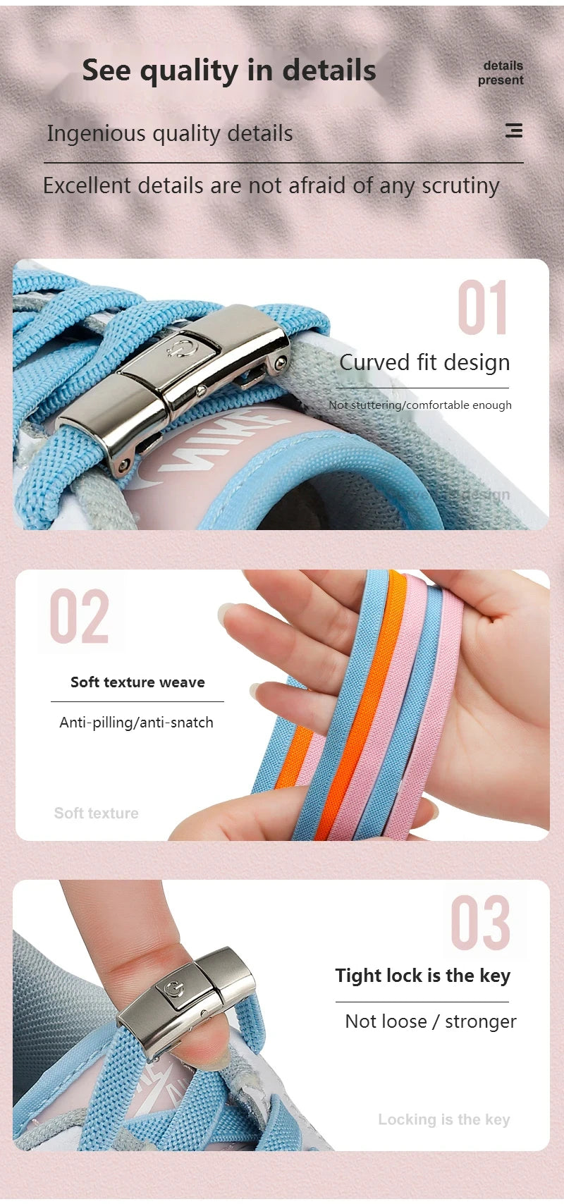 8mm Width No Tie Shoe Laces Press Lock Shoelaces Without Ties