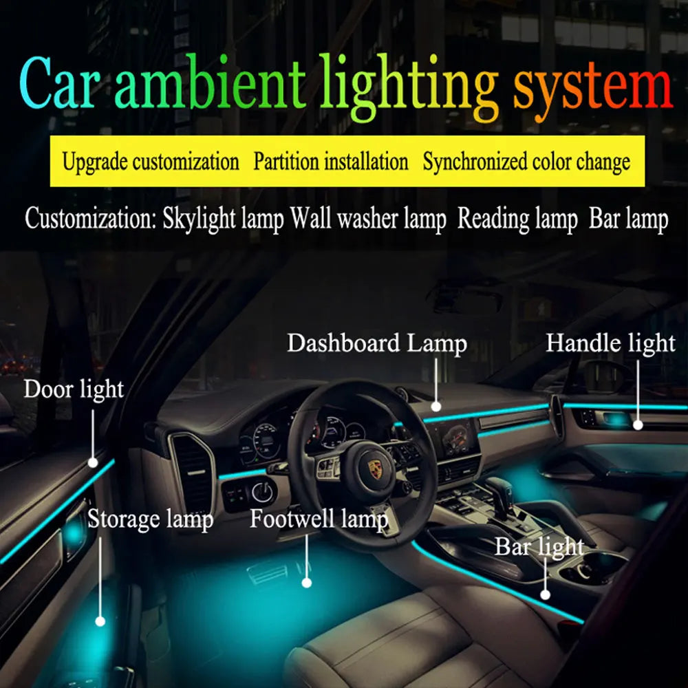 6/18 in 1 RBG 64 Color Car Ambient Lights Interior Acrylic Strip Light
