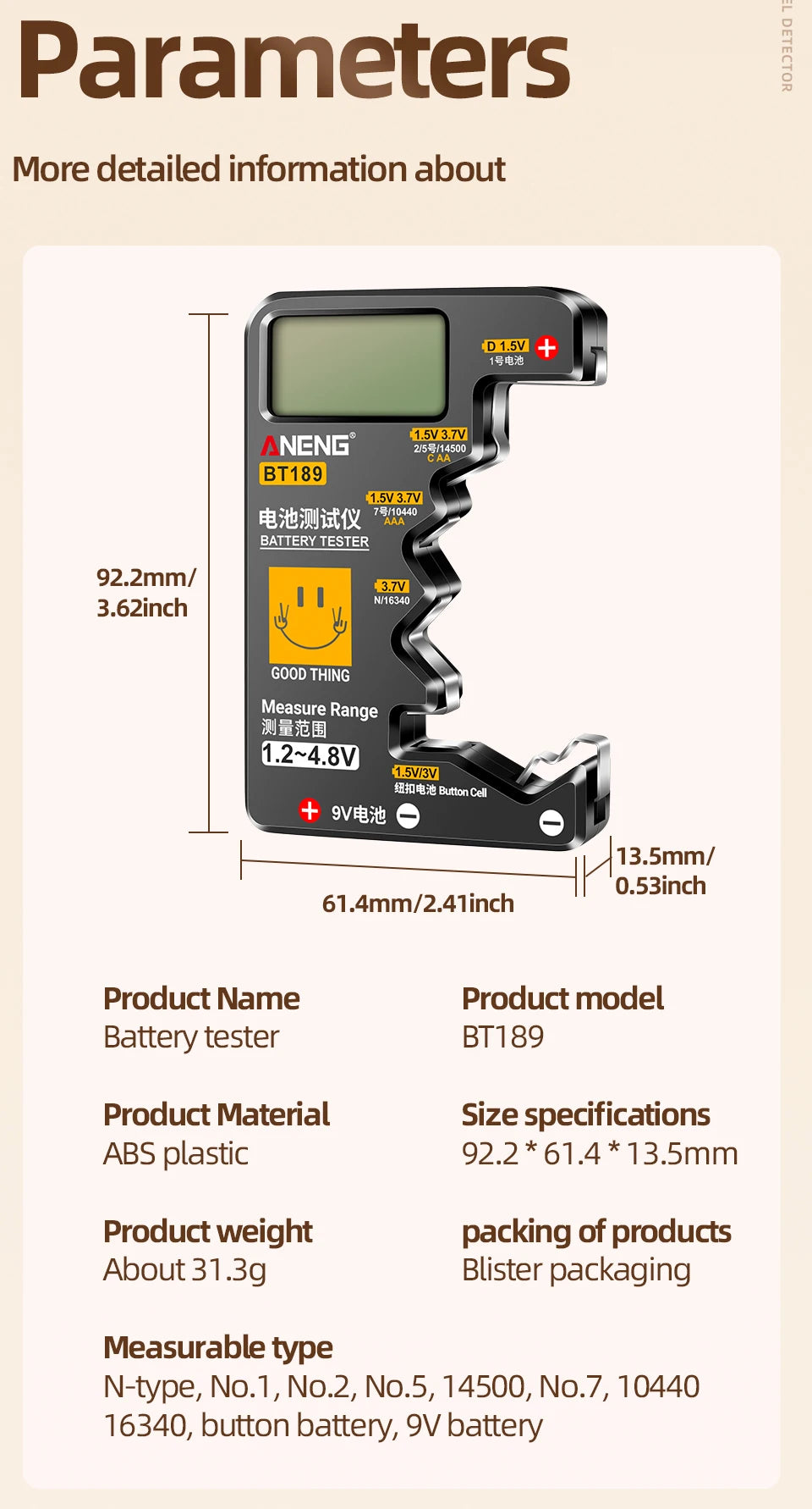 ANENG BT189 Universal Battery Tester 9V AA AAA Button Cell Battery Tester Detectors LCD Battery Indicator Gauge Checker Tools