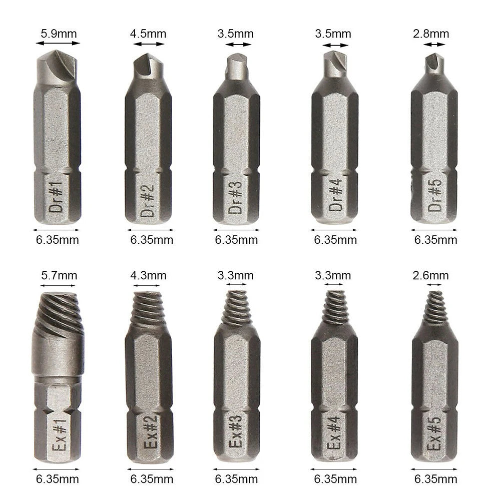 10Pcs 4/6.35mm Damaged Screw Extractor Drill Bit Set