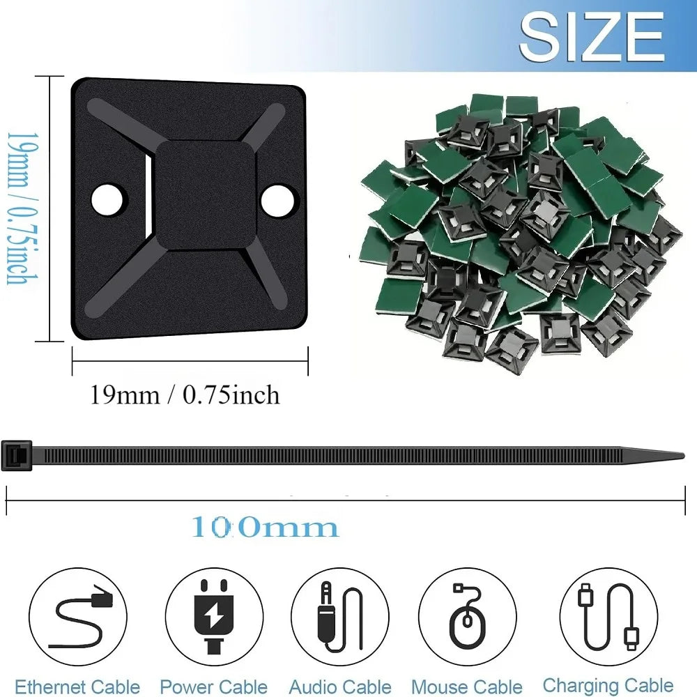 50/100/150pcs Nylon Self-Adhesive Cable Ties Mount Wire Fasten Organizer Fixers Easy Cable Management System Reusable Durable