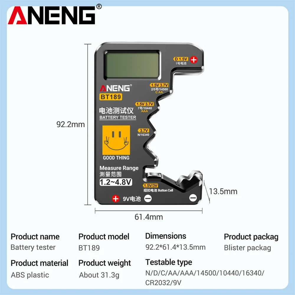 ANENG BT189 Universal Battery Tester 9V AA AAA Button Cell Battery Tester Detectors LCD Battery Indicator Gauge Checker Tools