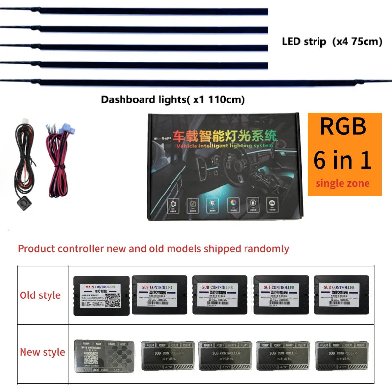 6/18 in 1 RBG 64 Color Car Ambient Lights Interior Acrylic Strip Light