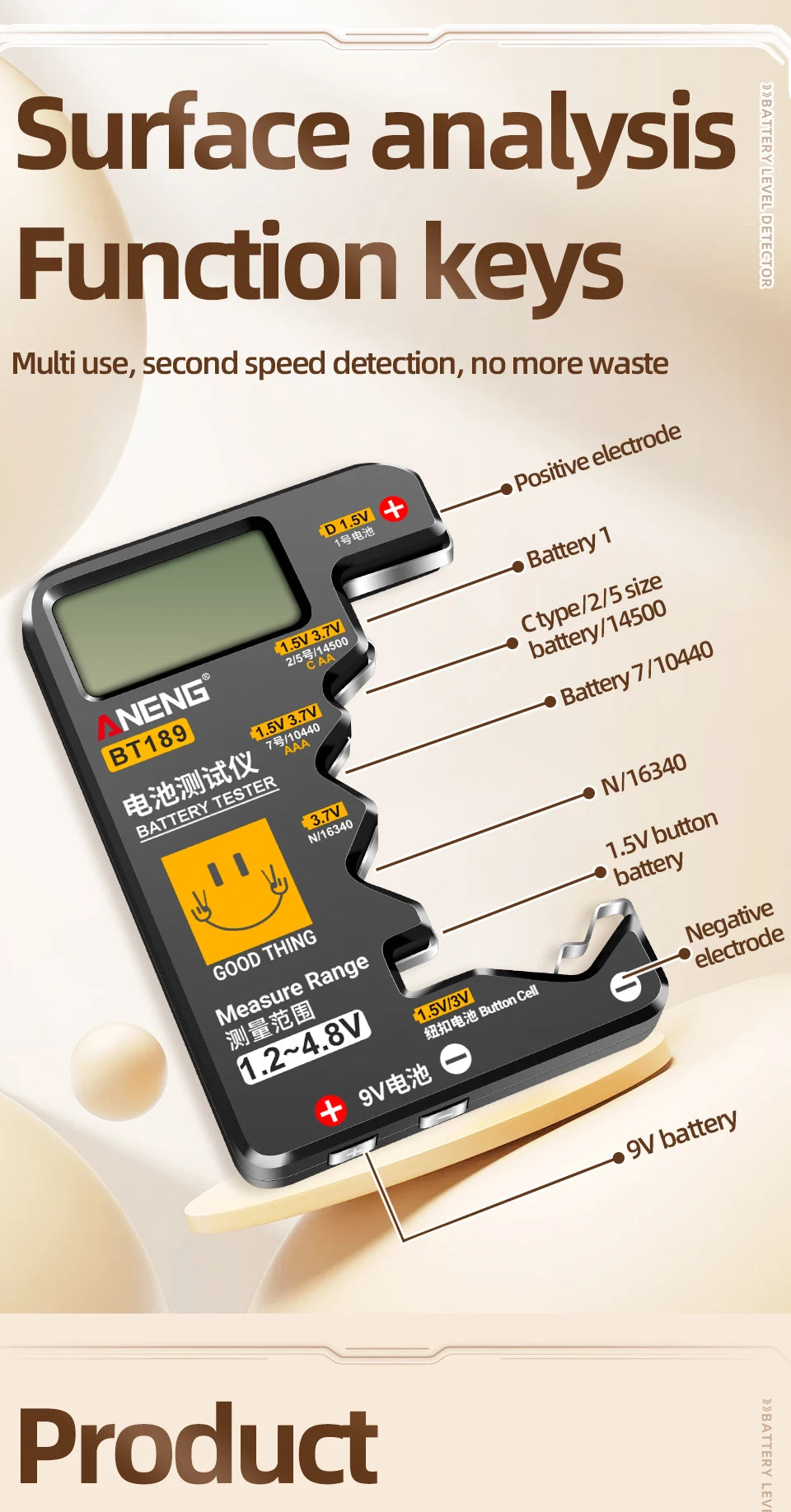 ANENG BT189 Universal Battery Tester 9V AA AAA Button Cell Battery Tester Detectors LCD Battery Indicator Gauge Checker Tools