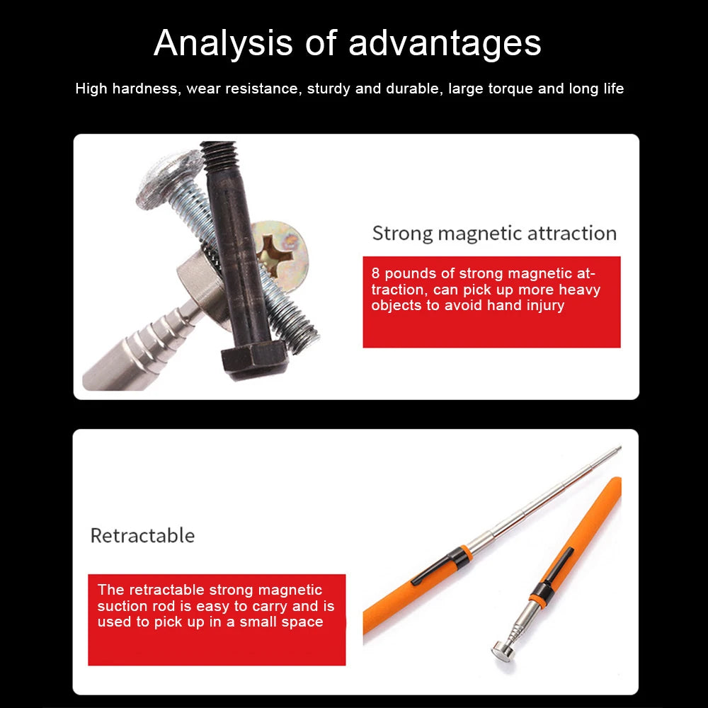 Strong Magnetic Suction Rod Orange Red Handle Magnetic Pickup Stainless Steel Antenna Retractable Suction Iron Rod