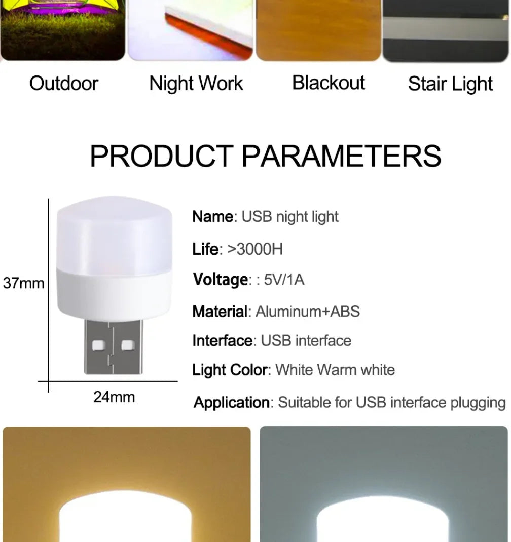 100-10PCS Portable Mini Night Lights Colorful USB Plug Lamp Power Bank Charging LED Book Light Round Reading Eye Protection Lamp