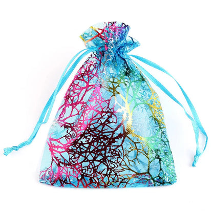 50pcs 7x9 9x12cm Organza Gift Bag Jewelry Packaging Drawstring Bag White Blue Colorful Trees Printing Party Wedding Candy Bag
