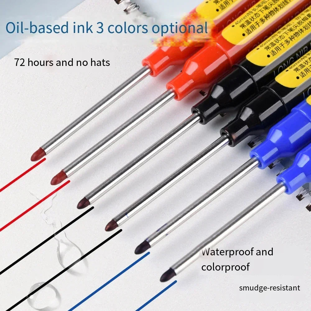 12-1Pcs Multi-Purpose 45mm Deep Drill Hole Long Nibs Waterproof Marker Pens for Bathroom Woodworking Long Head Carpenter Pens