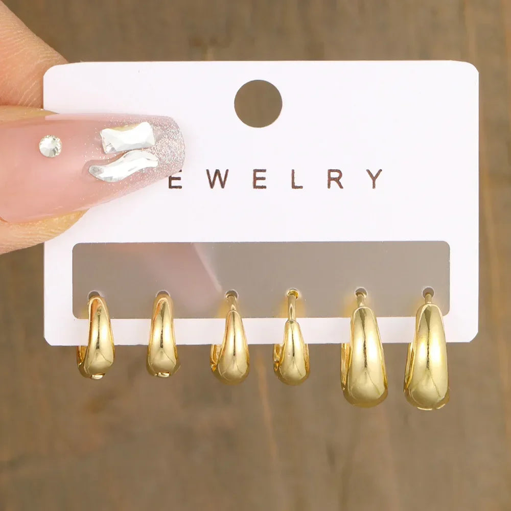 6pcs Fashion Minimalist Chunky Gold Plated Waterdrop Hoop Earrings for Women Smooth C-shaped Water Droplets Earrings JewelryGift