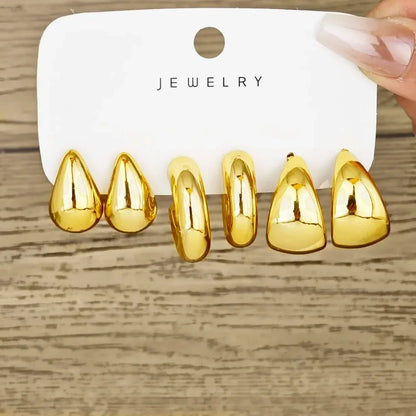 6pcs Fashion Minimalist Chunky Gold Plated Waterdrop Hoop Earrings for Women Smooth C-shaped Water Droplets Earrings JewelryGift