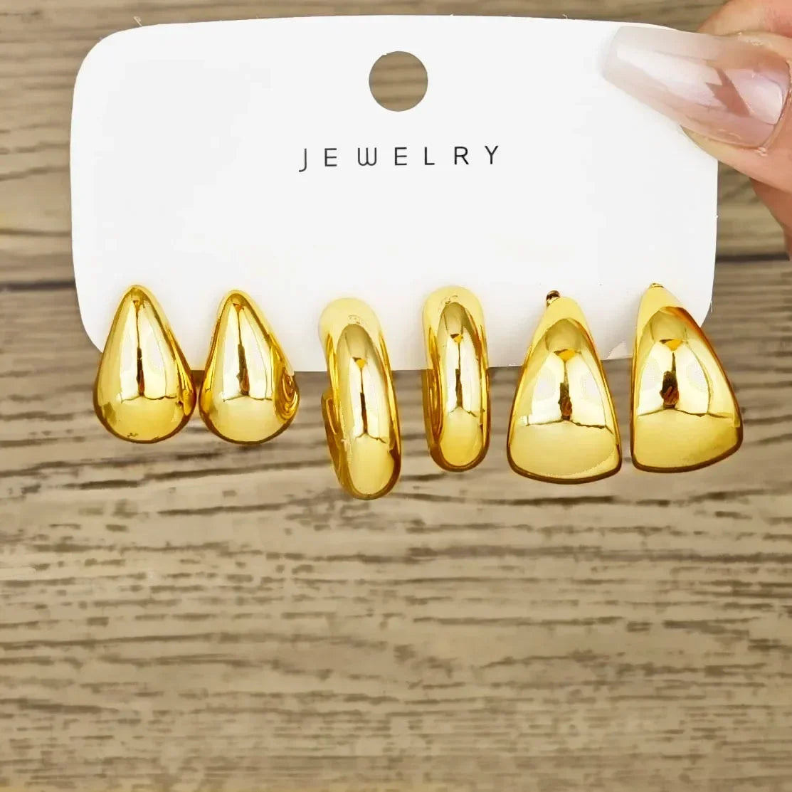 6pcs Fashion Minimalist Chunky Gold Plated Waterdrop Hoop Earrings for Women Smooth C-shaped Water Droplets Earrings JewelryGift