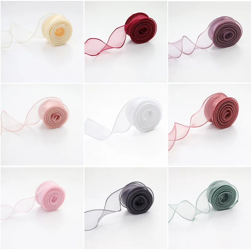 10Yards/Roll Sheer Chiffon Ribbon Organza Satin Ribbons For Gift Wrapping Decoration Wedding Bouquets Wreath Sewing Supplies