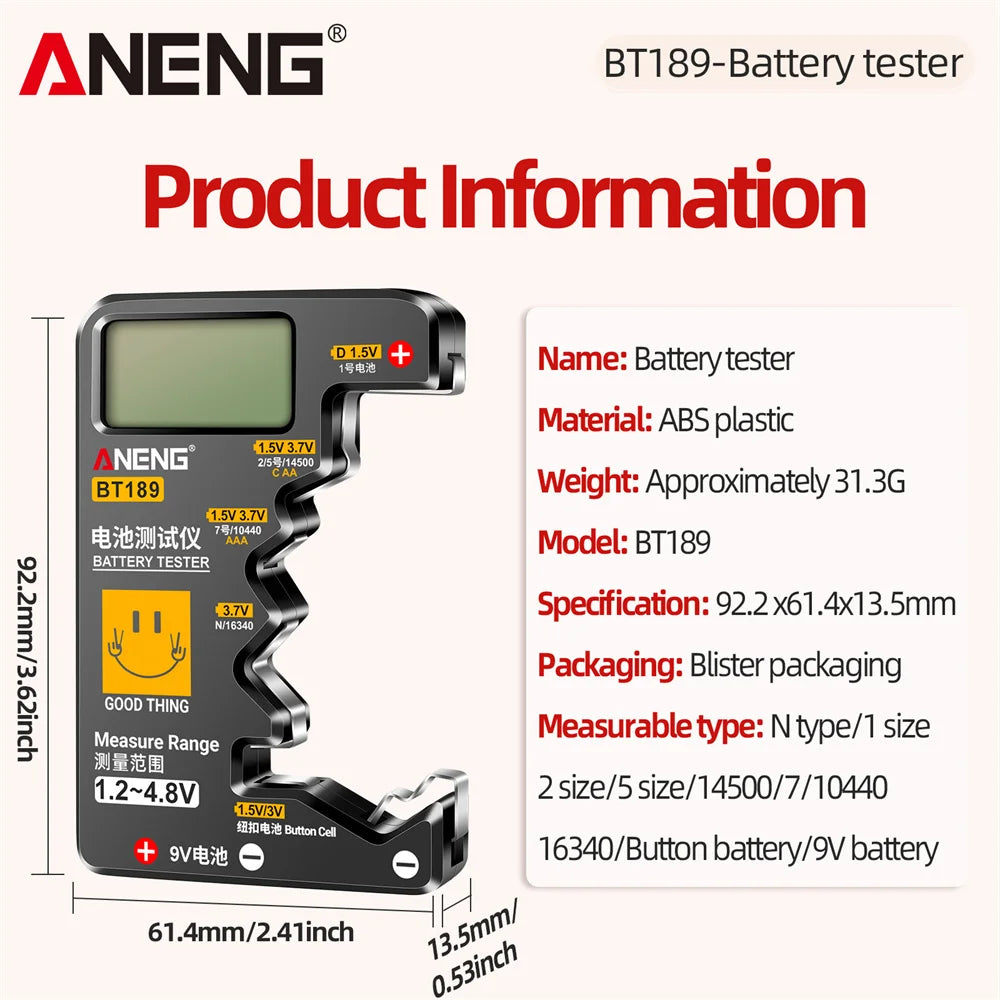 ANENG BT189 Universal Battery Tester 9V AA AAA Button Cell Battery Tester Detectors LCD Battery Indicator Gauge Checker  Tools