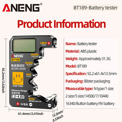 ANENG BT189 Universal Battery Tester 9V AA AAA Button Cell Battery Tester Detectors LCD Battery Indicator Gauge Checker  Tools