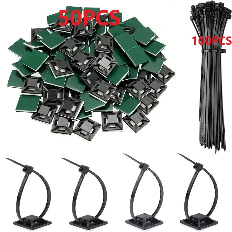 50/100/150pcs Nylon Self-Adhesive Cable Ties Mount Wire Fasten Organizer Fixers Easy Cable Management System Reusable Durable