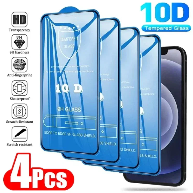 4Pcs 10D Tempered Glass 15 11 12 14 Pro Max Mini 7 8 Plus Full Cover Screen Protector For Iphone 13 16 PRO XR XS MAX