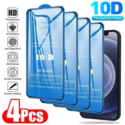 4Pcs 10D Tempered Glass 15 11 12 14 Pro Max Mini 7 8 Plus Full Cover Screen Protector For Iphone 13 16 PRO XR XS MAX