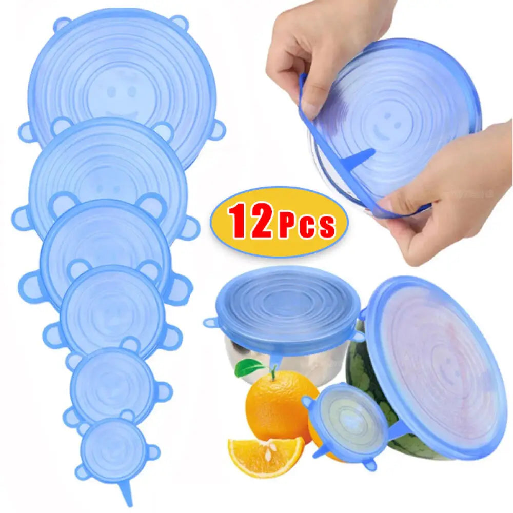 6/12Pcs Silicone Stretch Lids Reusable Food Seal Cover for Pot Bowl Keep Food Fresh Stretchy Wrap Cover Kitchen Cookware