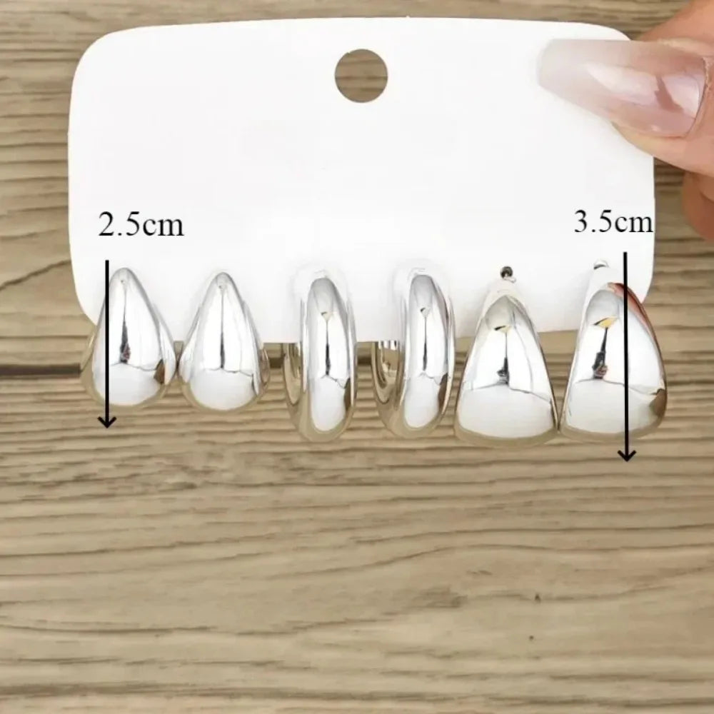 6pcs Fashion Minimalist Chunky Gold Plated Waterdrop Hoop Earrings for Women Smooth C-shaped Water Droplets Earrings JewelryGift