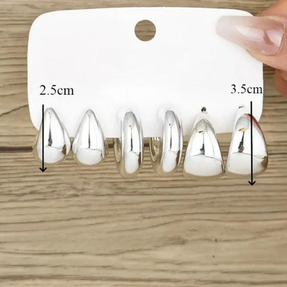 6pcs Fashion Minimalist Chunky Gold Plated Waterdrop Hoop Earrings for Women Smooth C-shaped Water Droplets Earrings JewelryGift