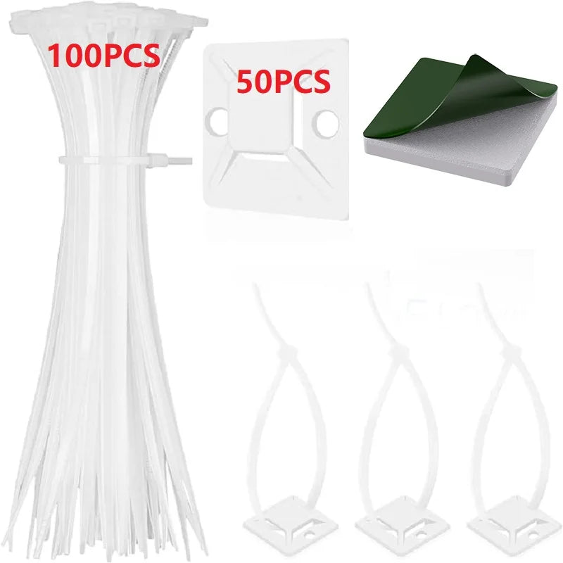 50/100/150pcs Nylon Self-Adhesive Cable Ties Mount Wire Fasten Organizer Fixers Easy Cable Management System Reusable Durable