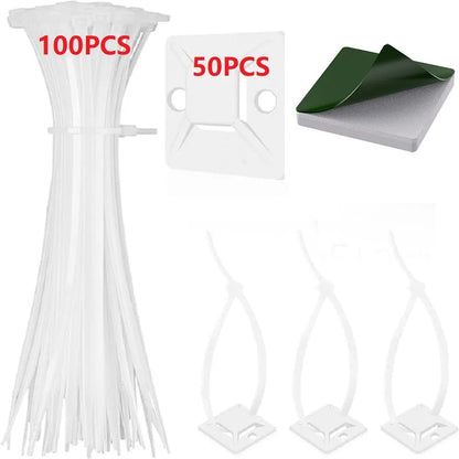 50/100/150pcs Nylon Self-Adhesive Cable Ties Mount Wire Fasten Organizer Fixers Easy Cable Management System Reusable Durable