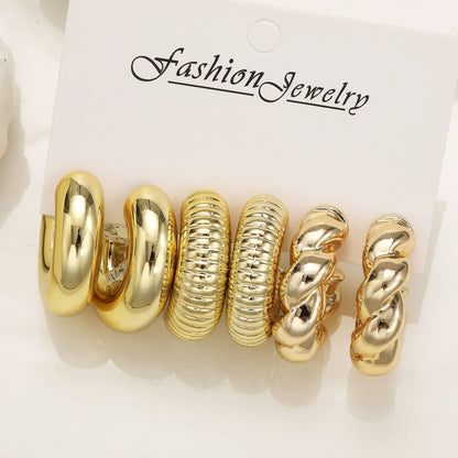 6pcs Fashion Minimalist Chunky Gold Plated Waterdrop Hoop Earrings for Women Smooth C-shaped Water Droplets Earrings JewelryGift