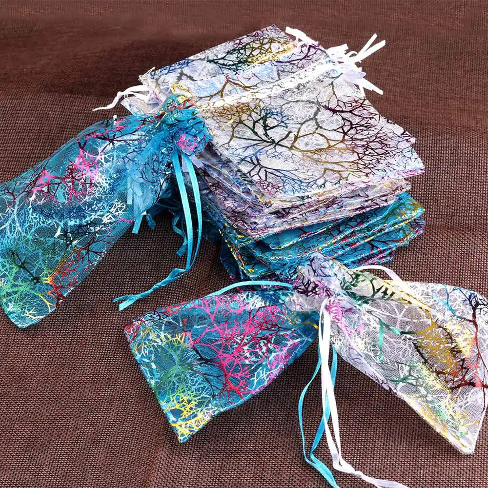 50pcs 7x9 9x12cm Organza Gift Bag Jewelry Packaging Drawstring Bag White Blue Colorful Trees Printing Party Wedding Candy Bag