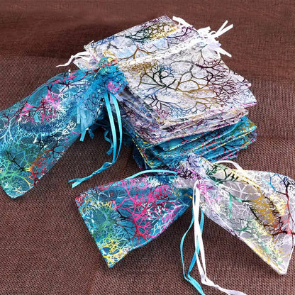 50pcs 7x9 9x12cm Organza Gift Bag Jewelry Packaging Drawstring Bag White Blue Colorful Trees Printing Party Wedding Candy Bag