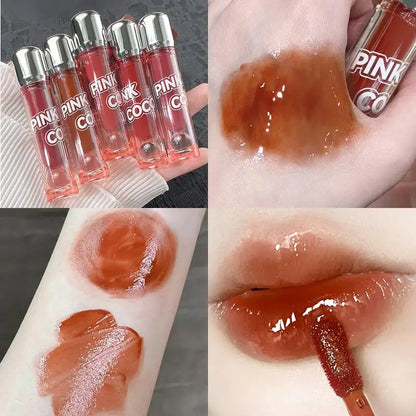 Dark Red Brown Mirror Lip Glaze Water Light Moisturizing Non-stick Cup Highly Pigmented Red Liquid Lipstick Lips Makeup Cosmetic
