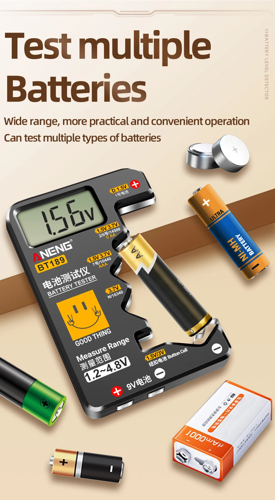 ANENG BT189 Universal Battery Tester 9V AA AAA Button Cell Battery Tester Detectors LCD Battery Indicator Gauge Checker  Tools