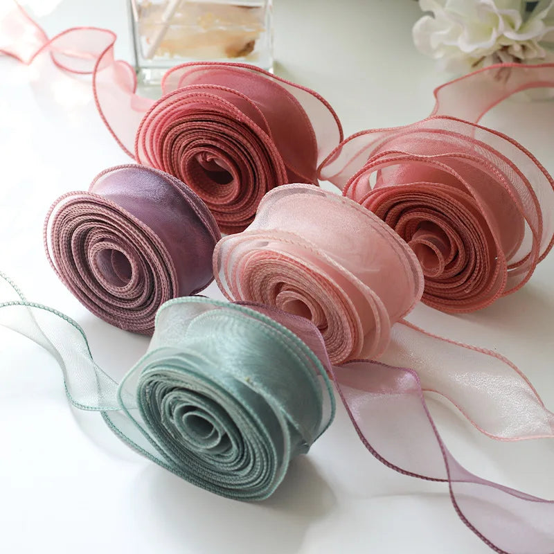 10Yards/Roll Sheer Chiffon Ribbon Organza Satin Ribbons For Gift Wrapping Decoration Wedding Bouquets Wreath Sewing Supplies