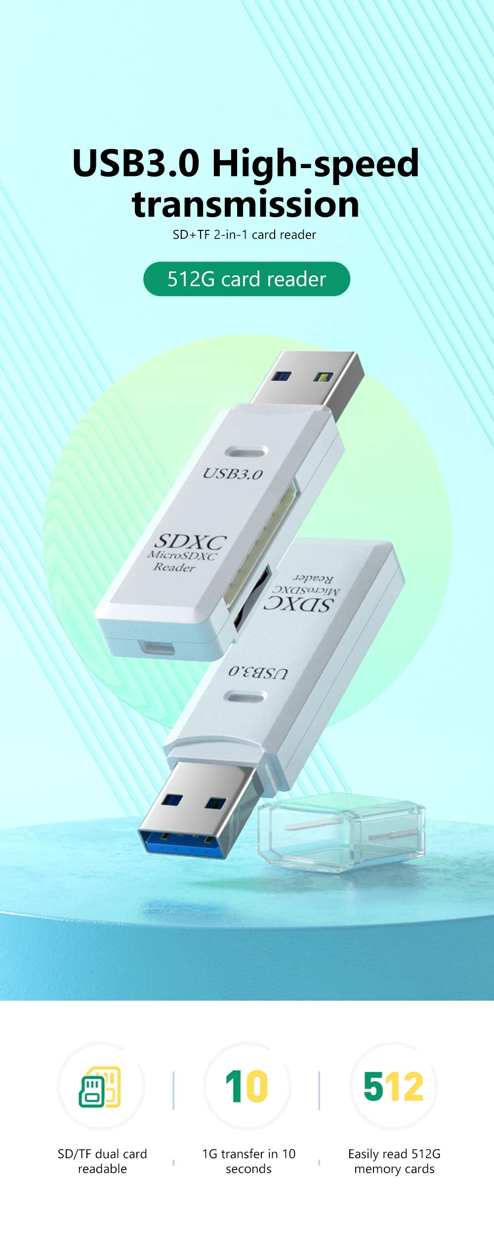 2 In 1 USB 3.0 2.0 Micro SD TF Card Reader High Speed Data Transmission