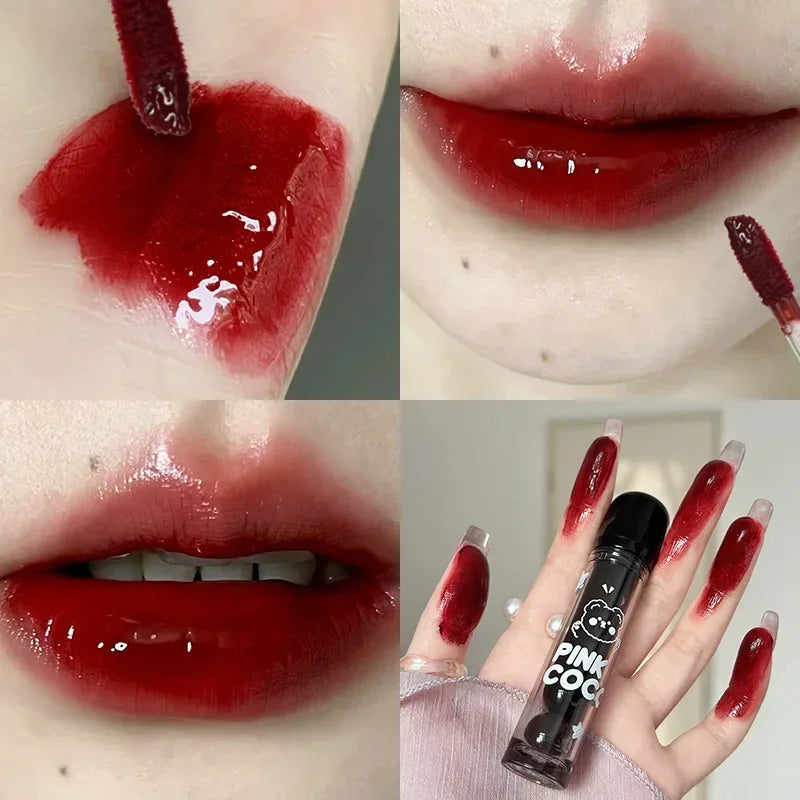 Dark Red Brown Mirror Lip Glaze Water Light Moisturizing Non-stick Cup Highly Pigmented Red Liquid Lipstick Lips Makeup Cosmetic