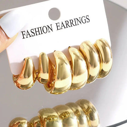 6pcs Fashion Minimalist Chunky Gold Plated Waterdrop Hoop Earrings for Women Smooth C-shaped Water Droplets Earrings JewelryGift