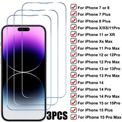 3PCS Tempered Glass For iPhone 15 14 13 12 11 Pro Max 7 8 Plus Screen Protector For iPhone X XS Max XR Protective Glass Film