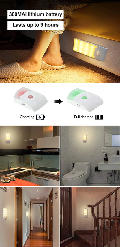 Motion Sensor LED Night Light Rechargeable Lamp Human Body Induction Cabinet Lamp Kitchen Wardrobe Stairs Emergency Lighting