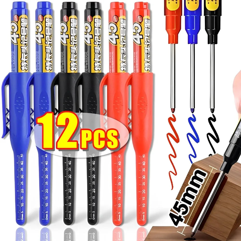 12-1Pcs Multi-Purpose 45mm Deep Drill Hole Long Nibs Waterproof Marker Pens for Bathroom Woodworking Long Head Carpenter Pens