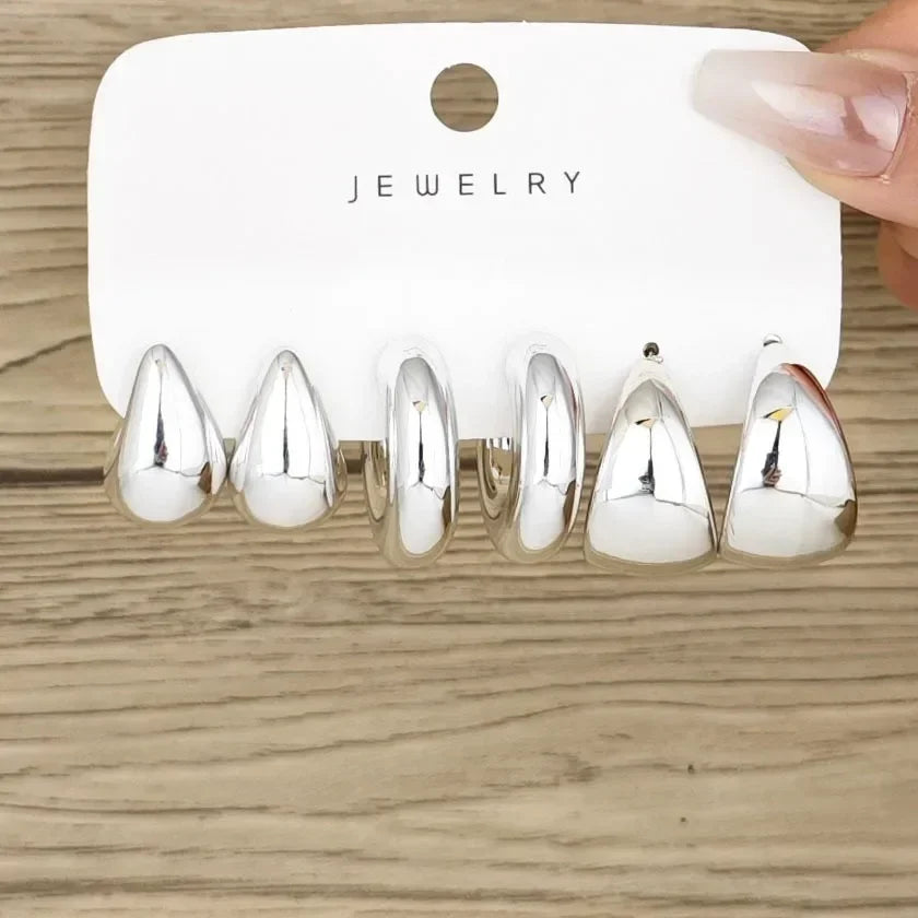 6pcs Fashion Minimalist Chunky Gold Plated Waterdrop Hoop Earrings for Women Smooth C-shaped Water Droplets Earrings JewelryGift