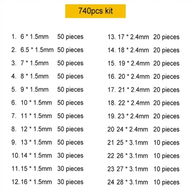 740/1200Pcs O-ring Rubber Gaskets Seal Ring Set Nitrile Rubber High Pressure O-Rings NBR Sealing Elastic Band O Rubber Rings Set