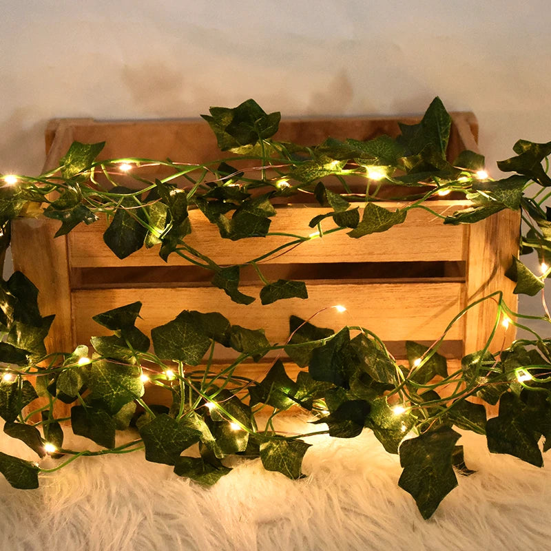 Green Leaf String Lights Artificial Ivy Vine Fairy Light Garland Wedding Party Decoration Christmas Home Room Wall Hanging Plant