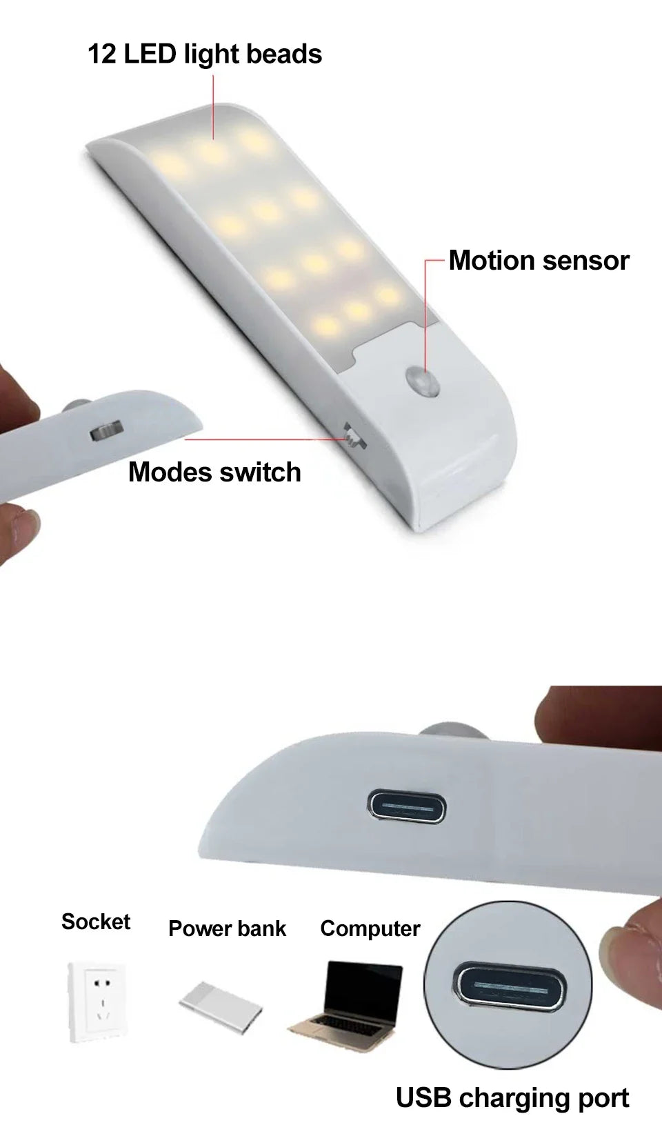 Motion Sensor LED Night Light Rechargeable Lamp Human Body Induction Cabinet Lamp Kitchen Wardrobe Stairs Emergency Lighting