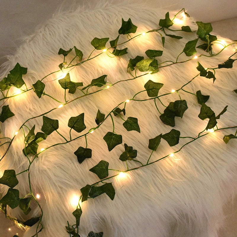 Green Leaf String Lights Artificial Ivy Vine Fairy Light Garland Wedding Party Decoration Christmas Home Room Wall Hanging Plant