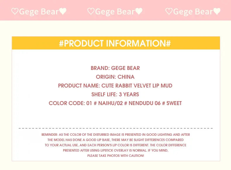 Gege Bear Adorable Rabbit Velvet Lip Mud — Matte Finish, Long-Lasting, Non-Transfer Lip Lacquer for a Whiter Appearance