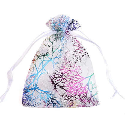 50pcs 7x9 9x12cm Organza Gift Bag Jewelry Packaging Drawstring Bag White Blue Colorful Trees Printing Party Wedding Candy Bag