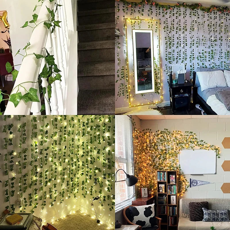 Green Leaf String Lights Artificial Ivy Vine Fairy Light Garland Wedding Party Decoration Christmas Home Room Wall Hanging Plant