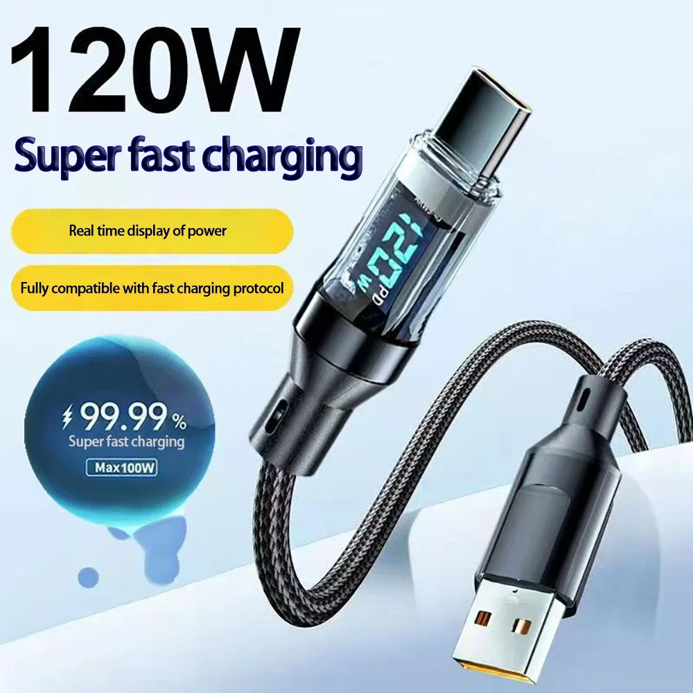 120W USB to Type C Cable Phone Super Fast Charging Cable With LED Display